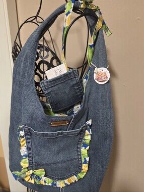 Denim Hobo Bag with Floral Trim - Blue